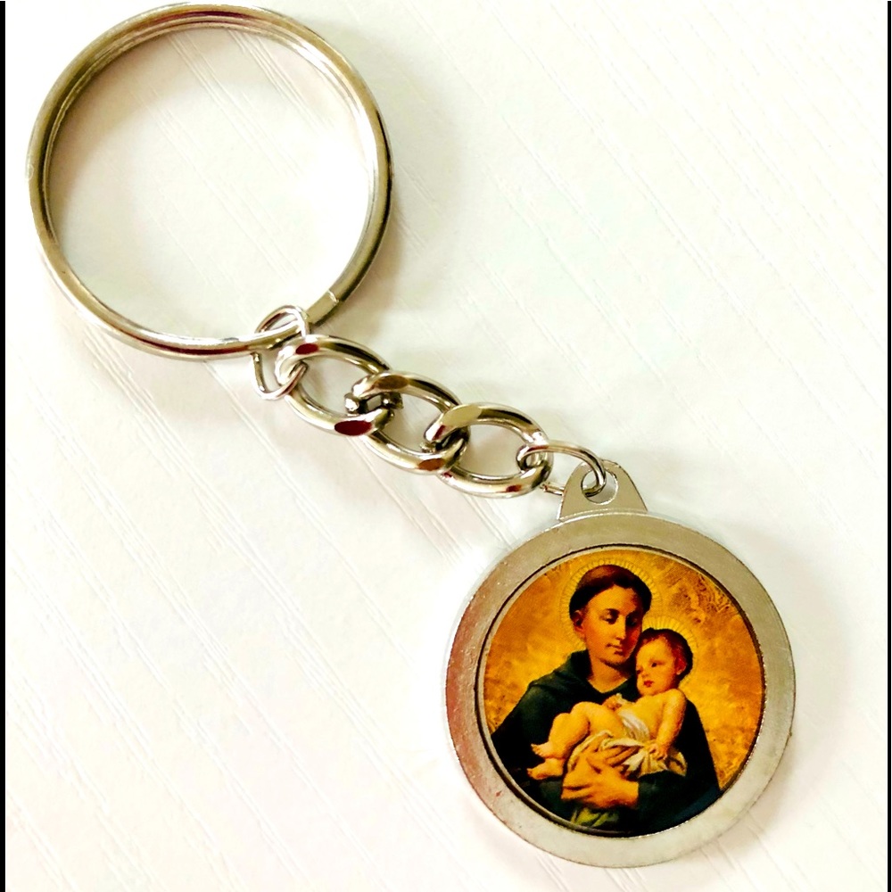Blessed Saint Anthony relic keychain set and prayer card.Silvertone double sided